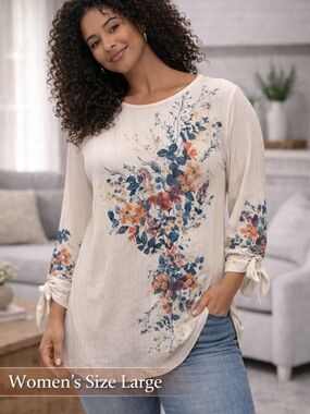 Indigo soul Floral Tie-Sleeve Long-Sleeve Top - Cream LARGE